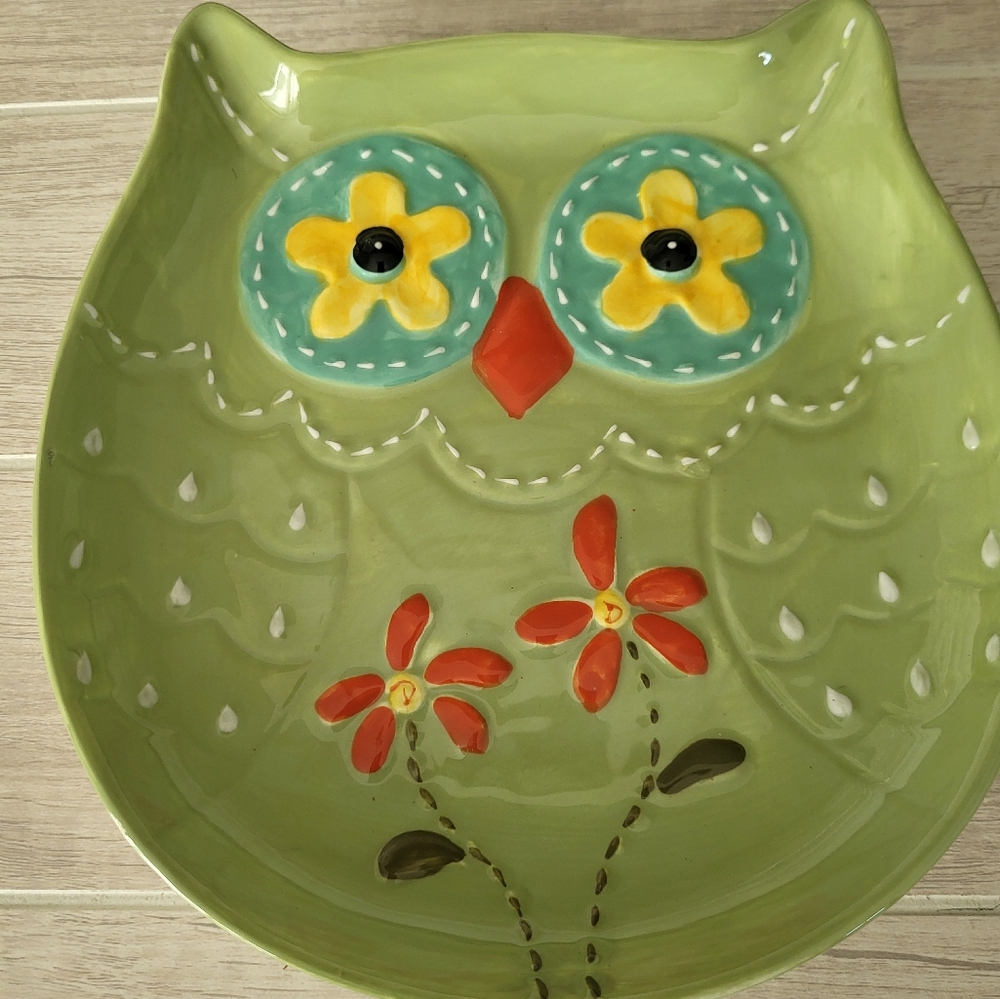 Cracker Barrel Green Owl Platter Dish Plate Decor Whimsical Floral Ceramic - Picture 3 of 10